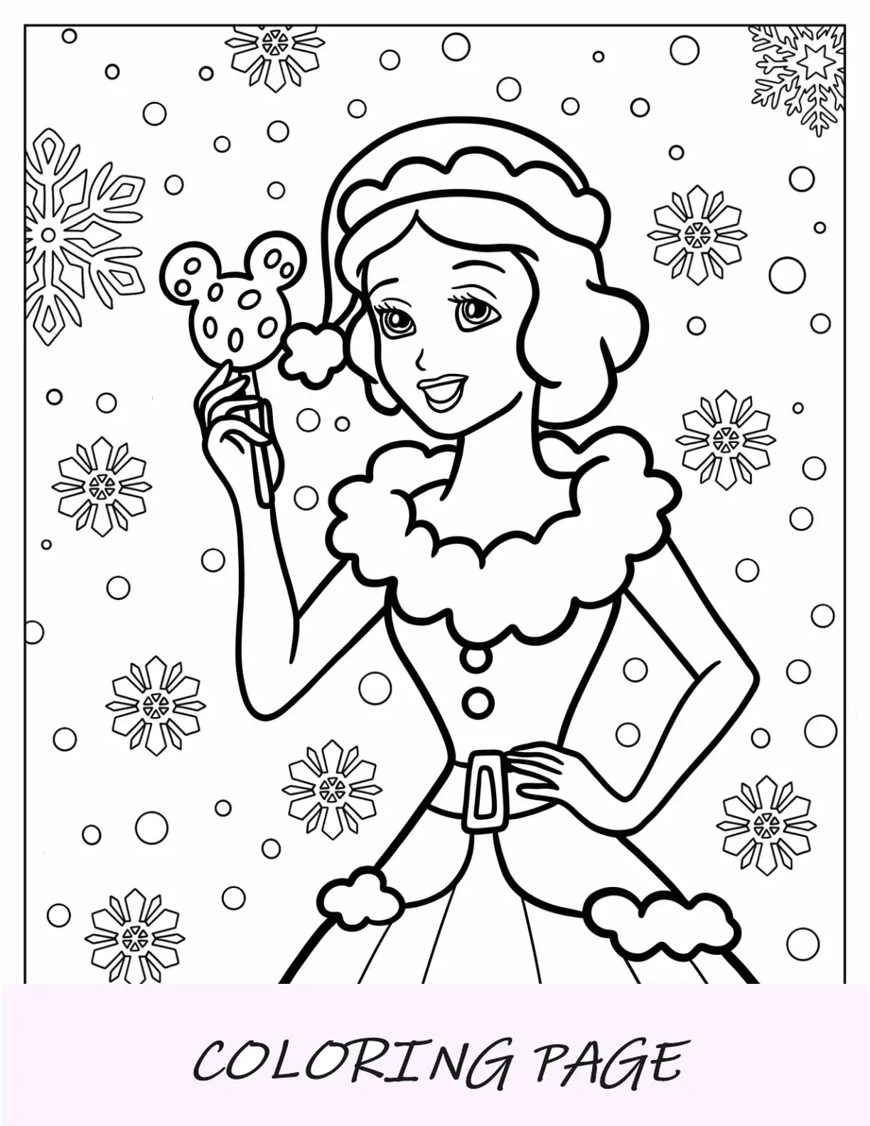 Página para colorir de Natal da Disney com a Branca de Neve Fácil em roupa de Natal
