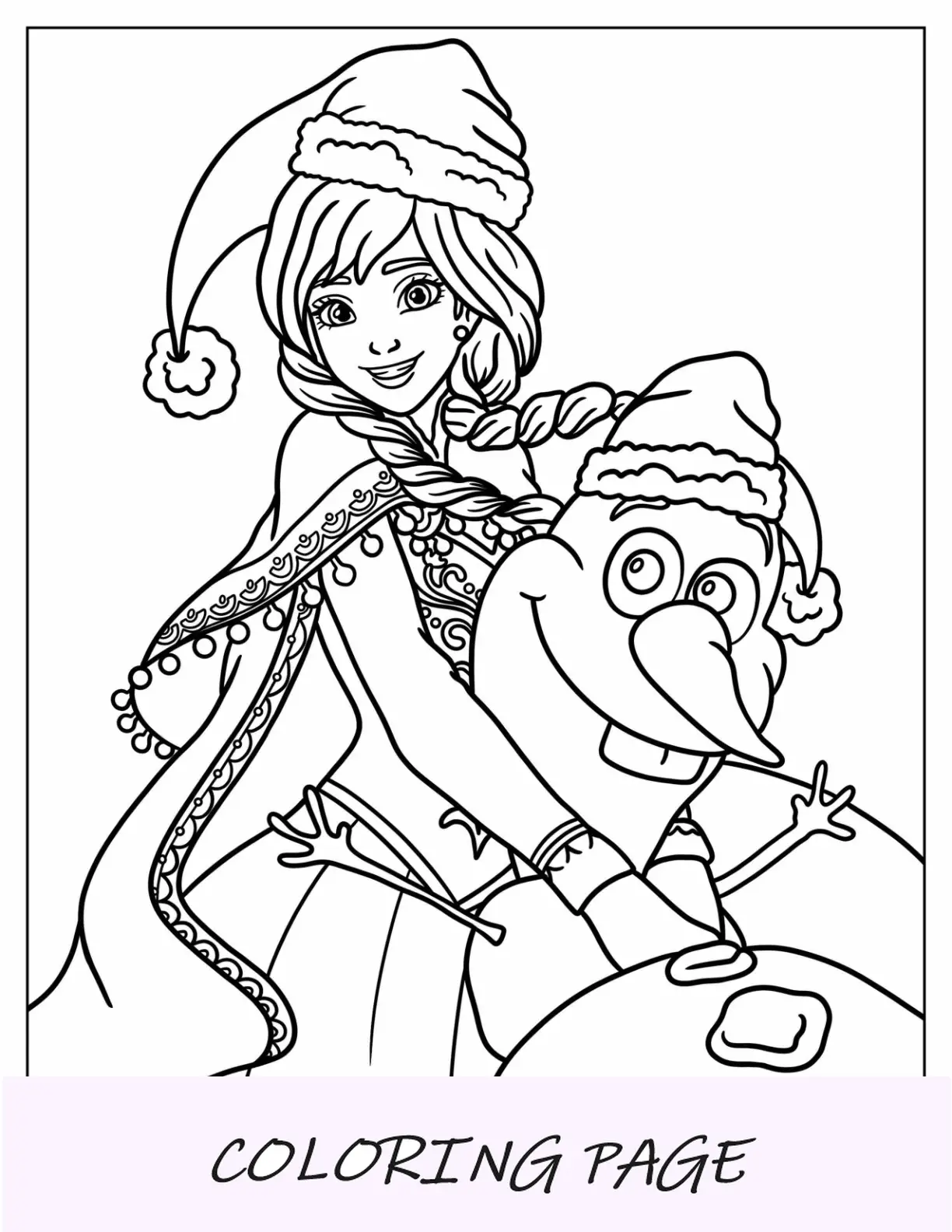 Página para colorir de Natal da Disney, Anna abraçando Olaf no Natal