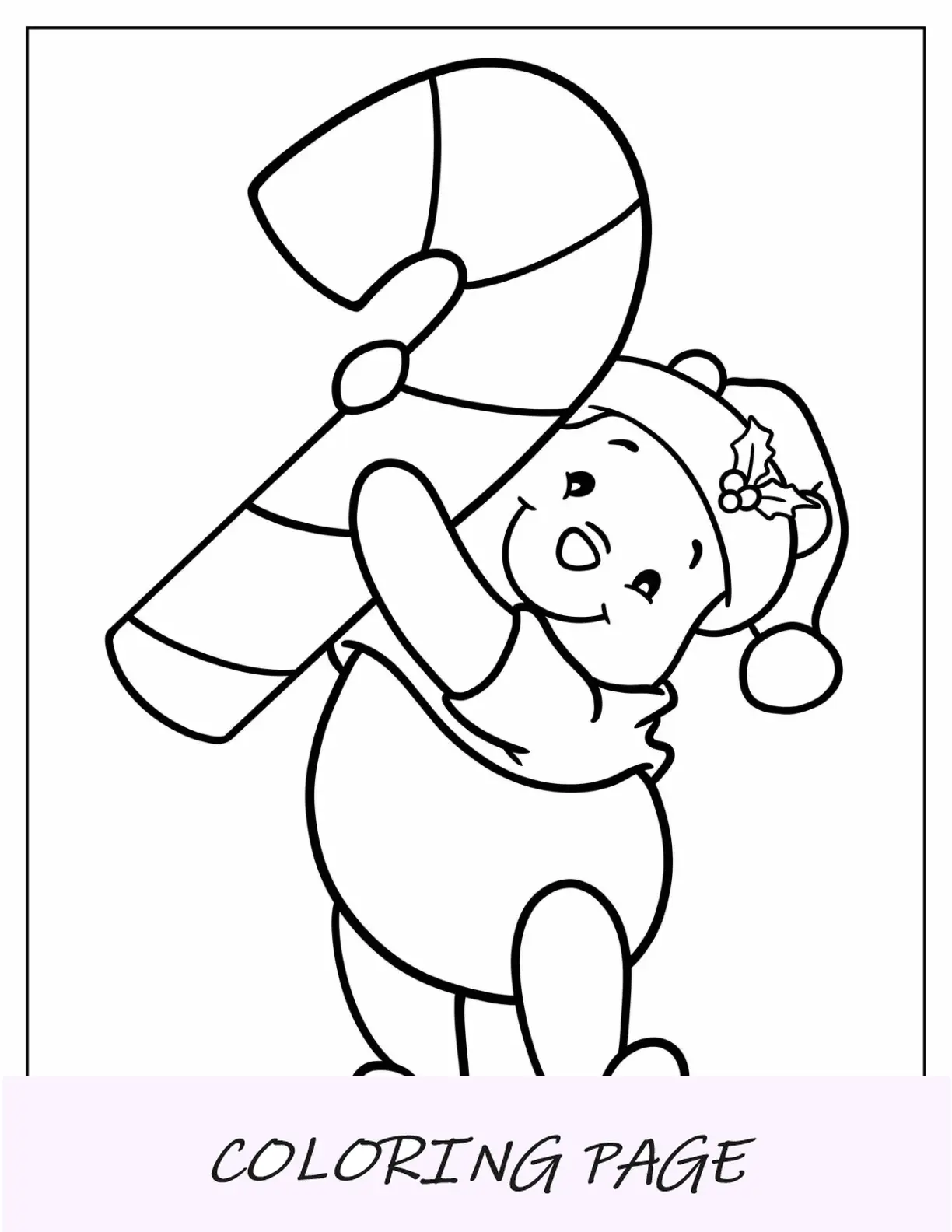Página para colorir de Natal da Disney com Pooh fofo carregando um grande bastão de doces para crianças