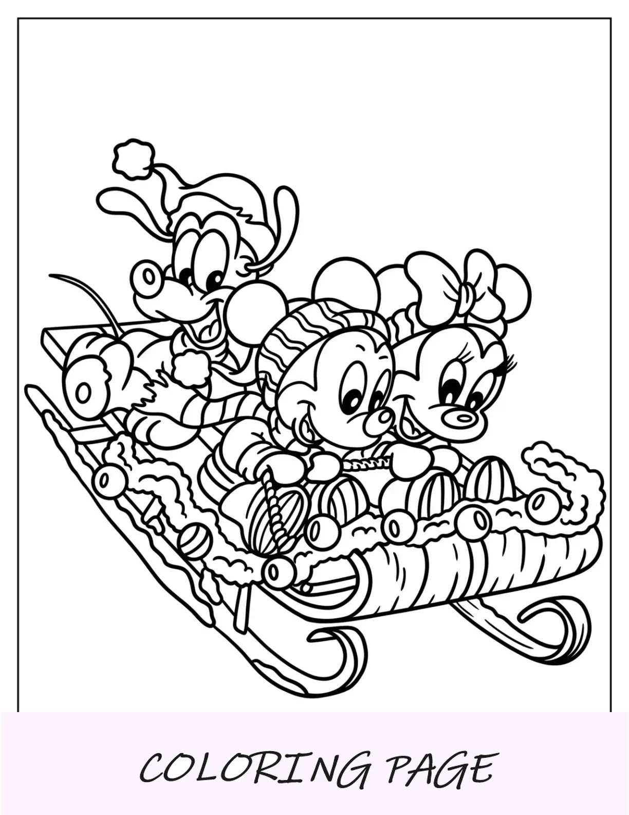 Página para colorir de Natal da Disney com o bebê Mickey Mouse, Minnie Mouse e Plutão andando de trenó de Natal