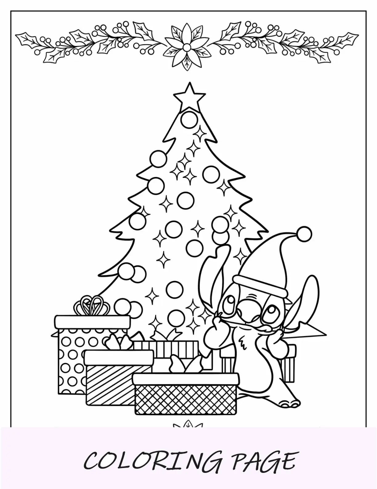 Página para colorir de Natal da Disney com pontos simples sob a árvore de Natal com presentes