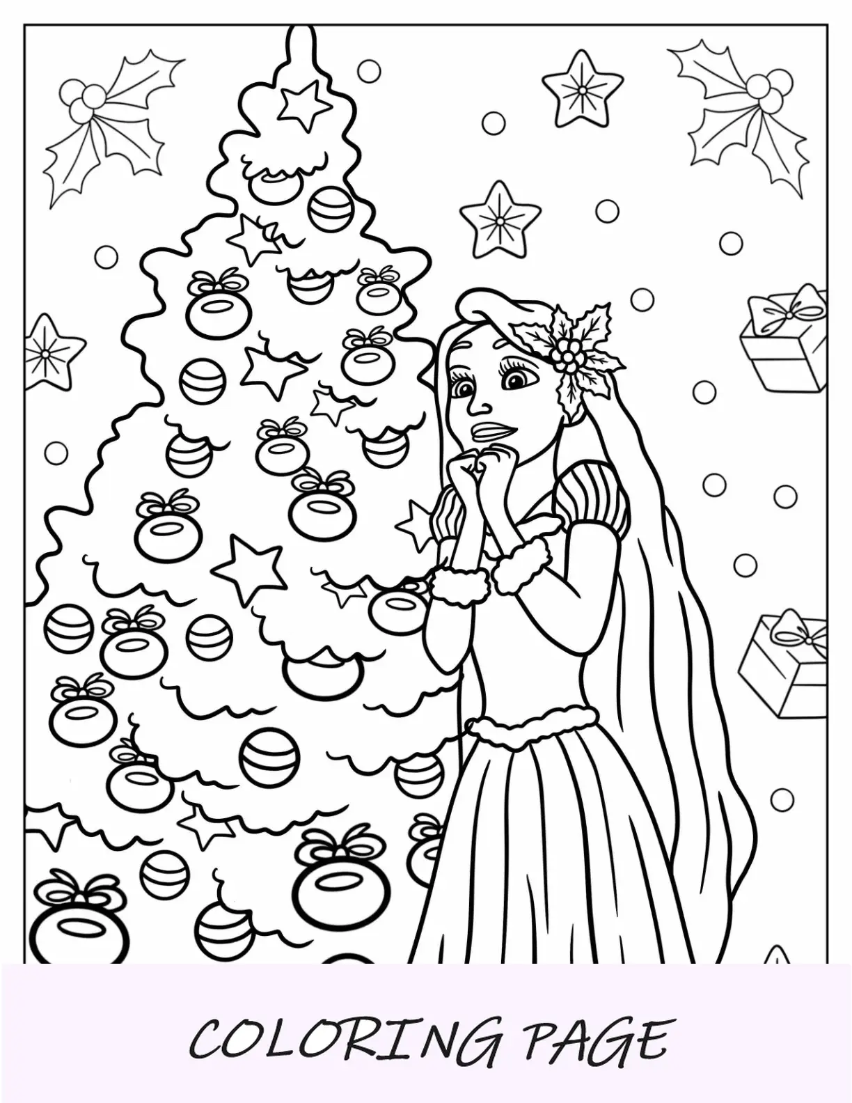 Página para colorir de Natal da Disney com Rapunzel ao lado da árvore de Natal