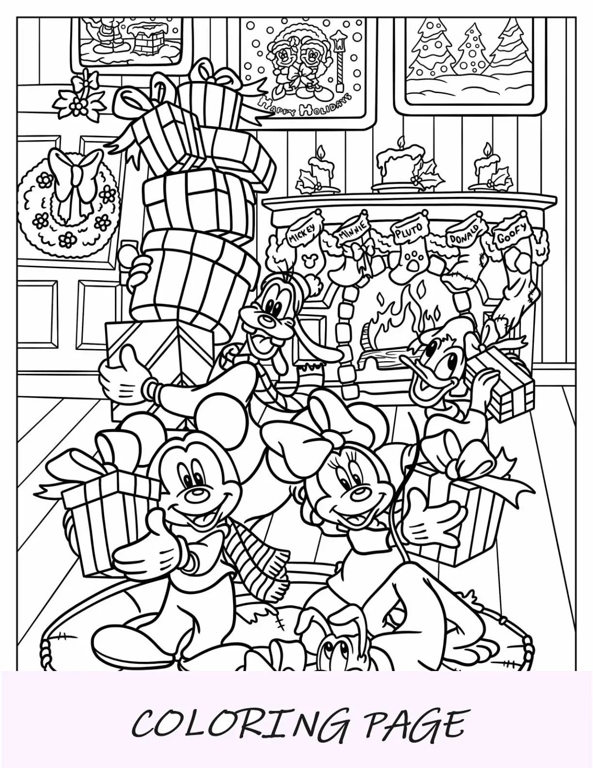 Página para colorir de Natal da Disney com Mickey Mouse, Minnie Mouse, Margarida, Pateta e Plutão segurando presentes de Natal