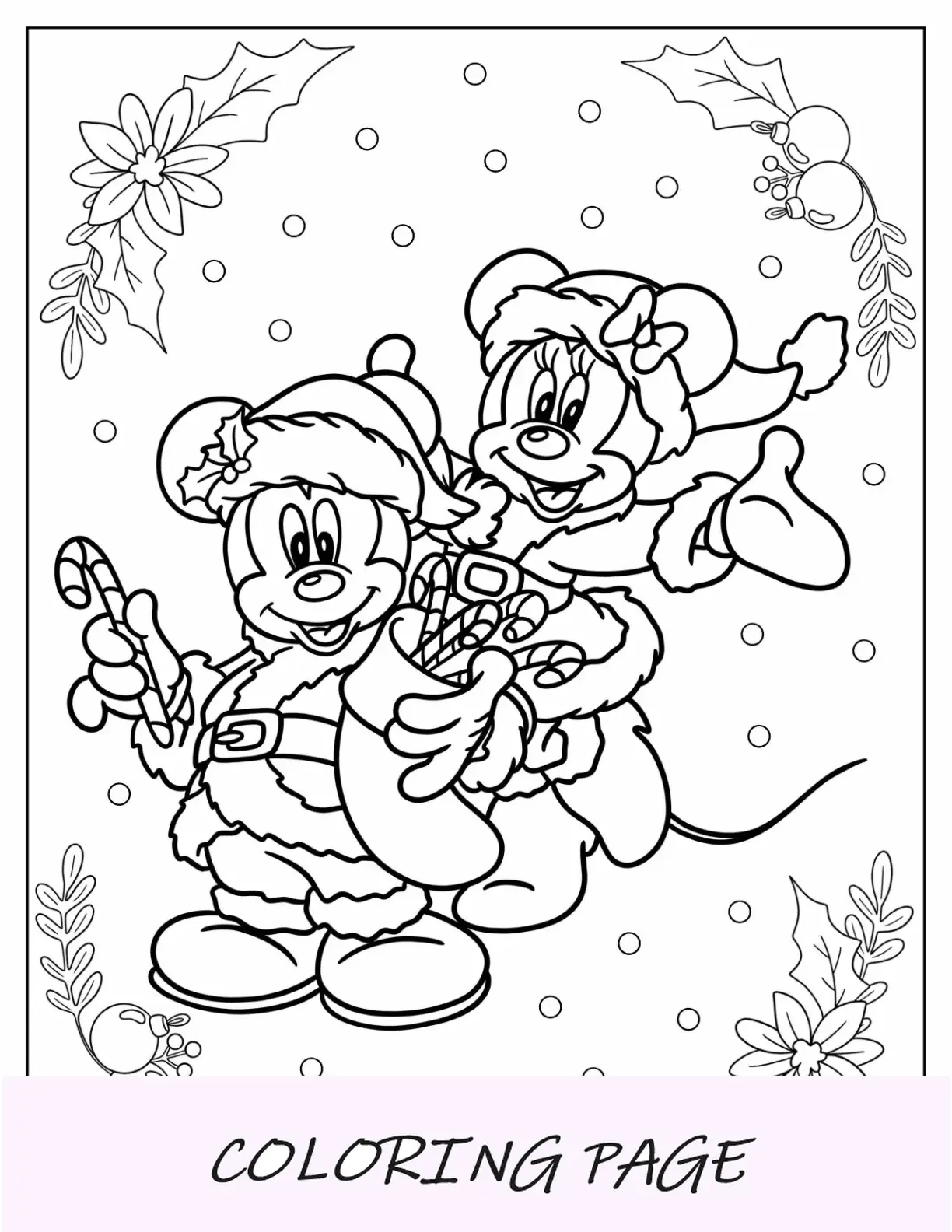 Página para colorir de Natal da Disney com Mickey e Minnie Mouse em roupa de Papai Noel segurando bastões de doces
