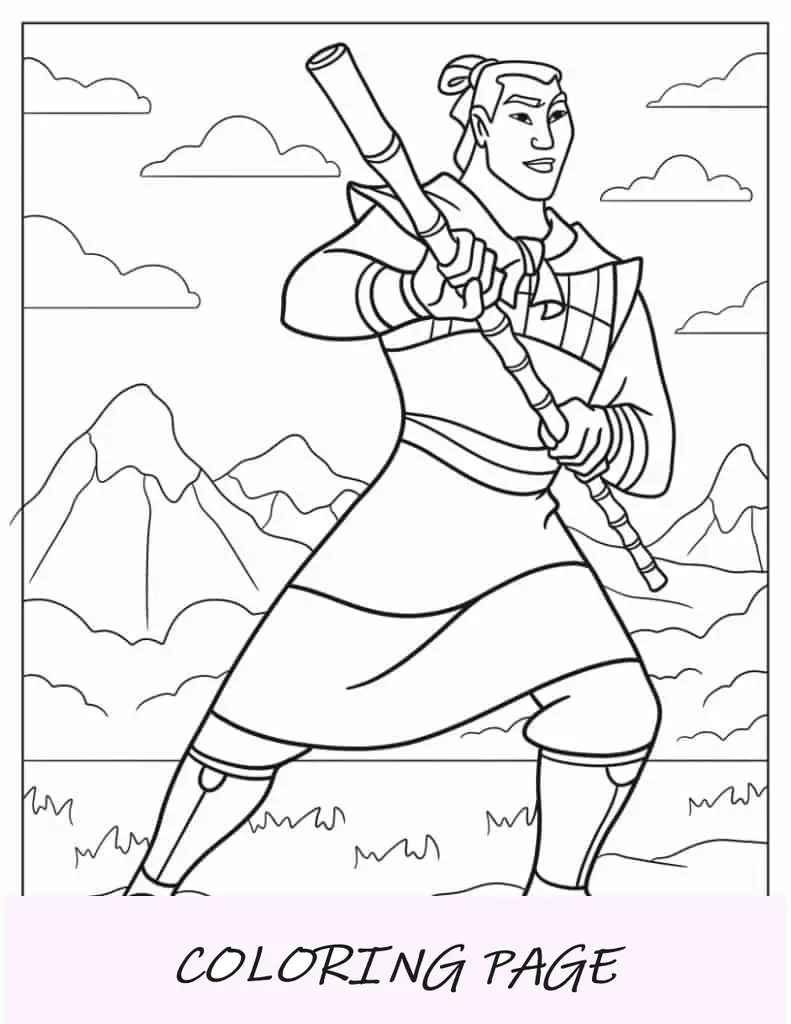 Mulan segurando a espada de seu pai para colorir