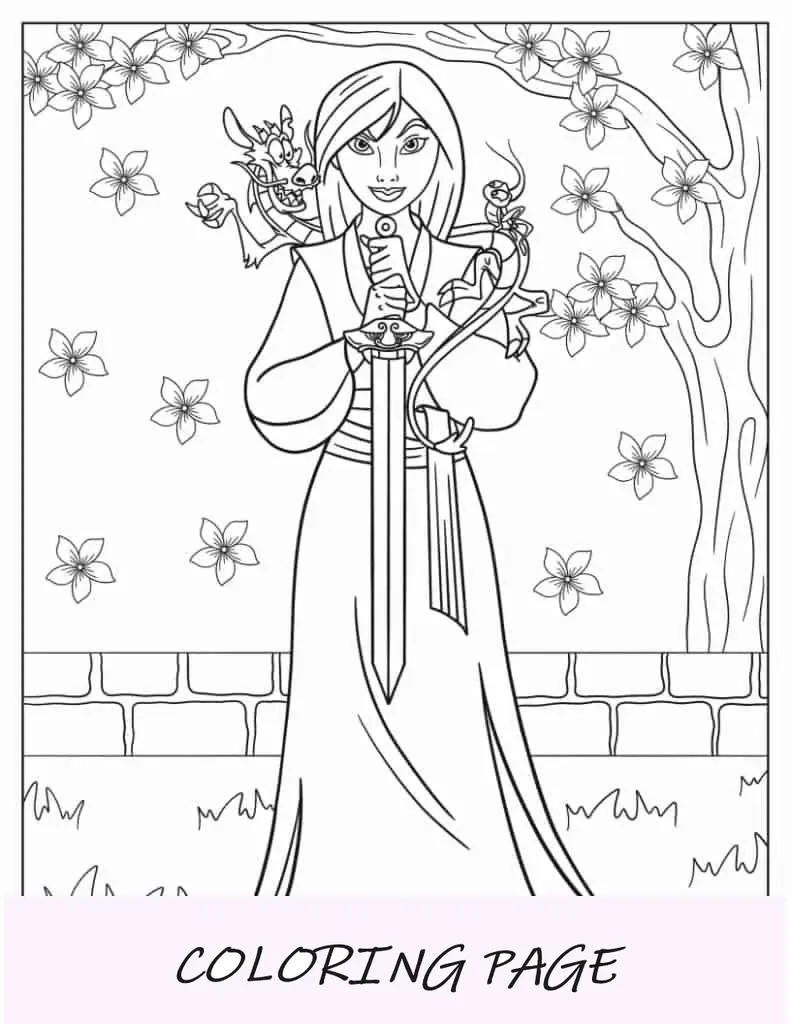 Folha para colorir Mulan usando vestido tradicional
