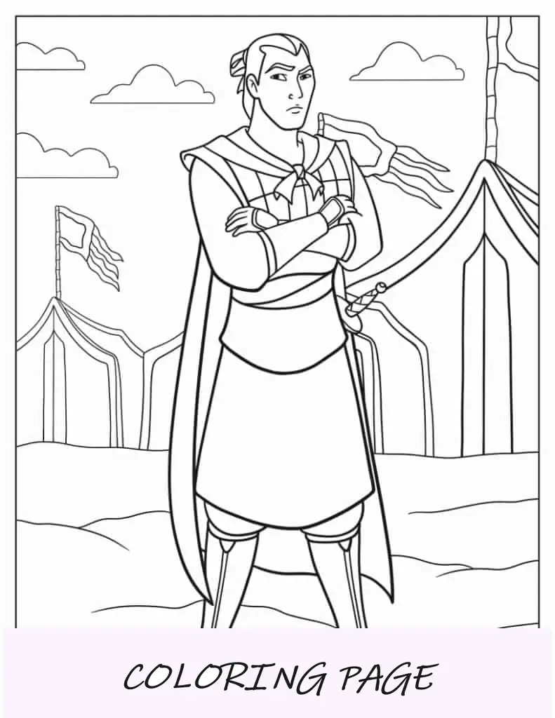 Página para colorir de Mulan liderando a tropa para a guerra
