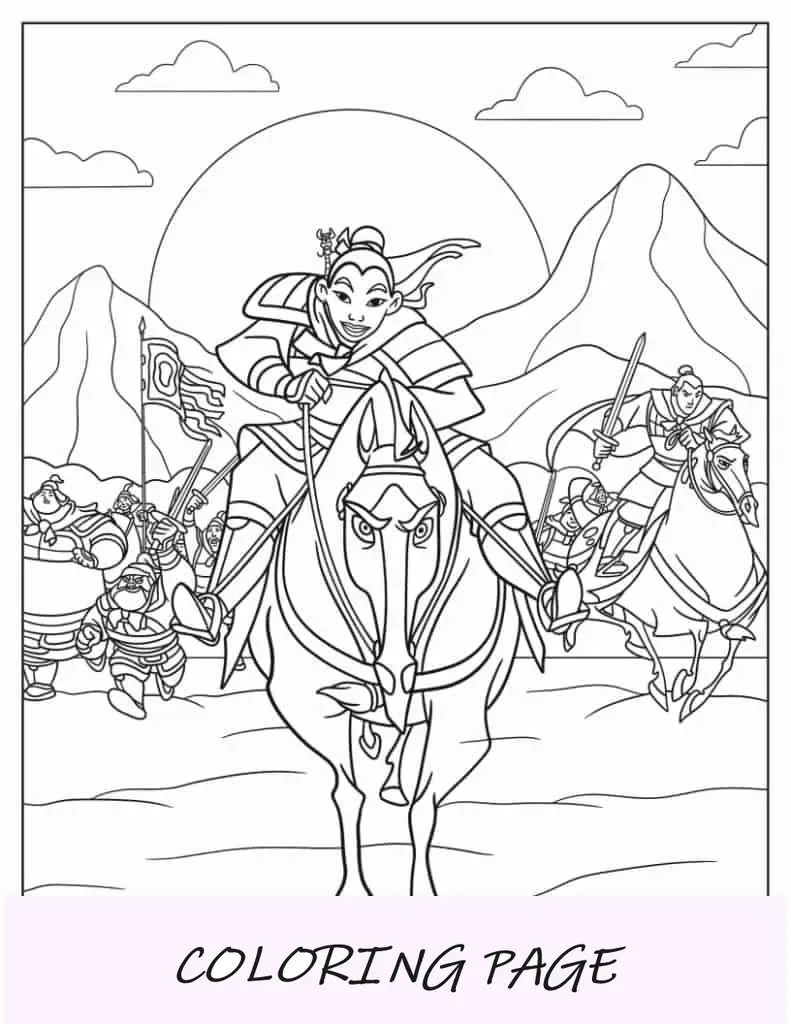 Página para colorir detalhada de Mulan com Mushu e irmão mais novo