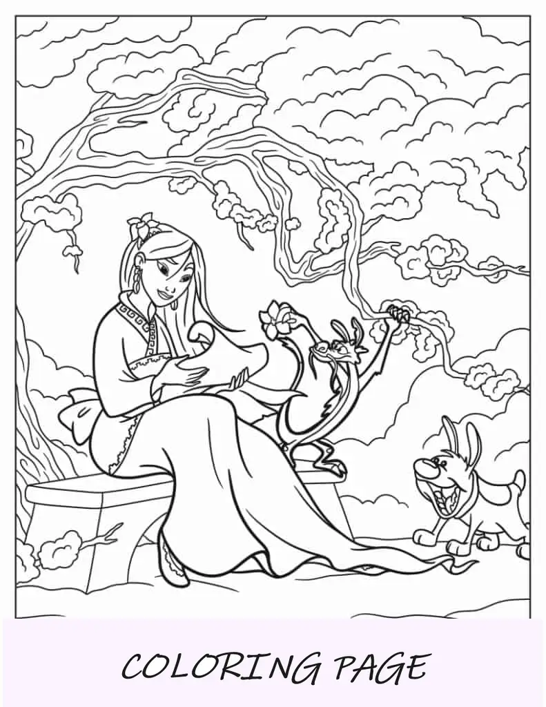 Página para colorir de Mulan e Mushu