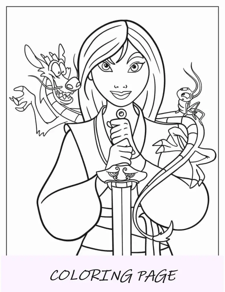 Página para colorir fácil de Mulan com espada