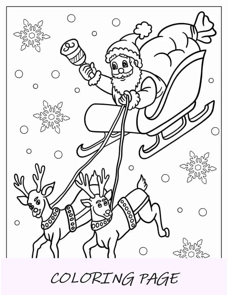 Papai Noel em seu trenó com renas para colorir