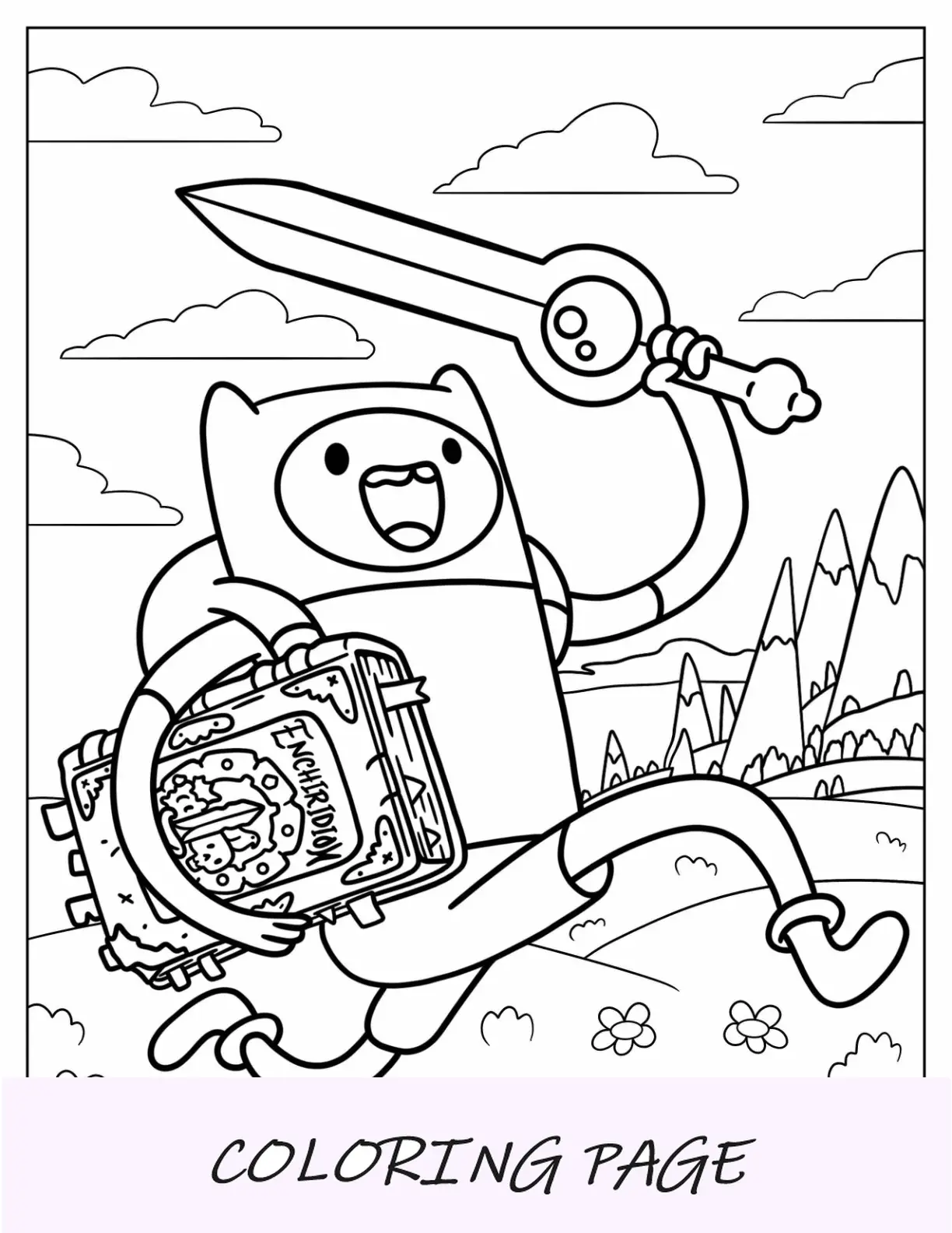 Página para colorear de Hora de aventuras de Finn sosteniendo la espada sobre Jake con el Rey de hielo en el fondo