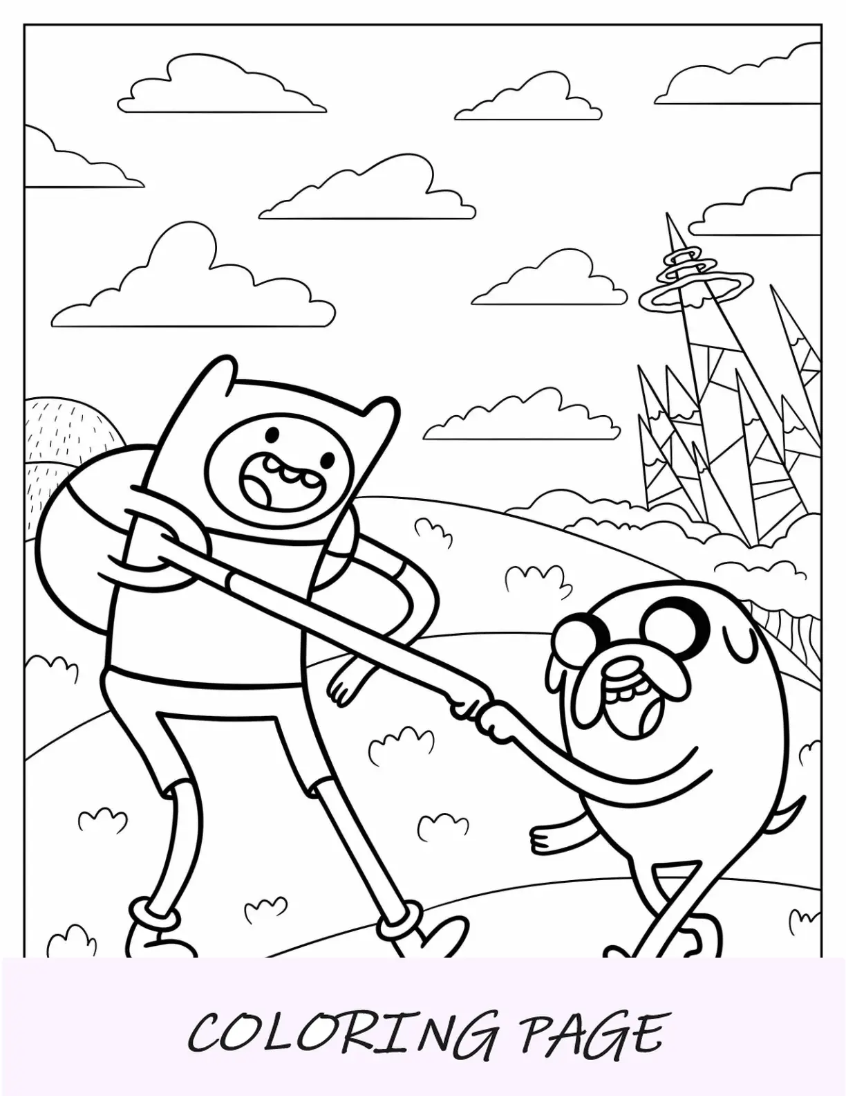 Página detallada para colorear de Hora de aventuras de Finn con espada y Jake