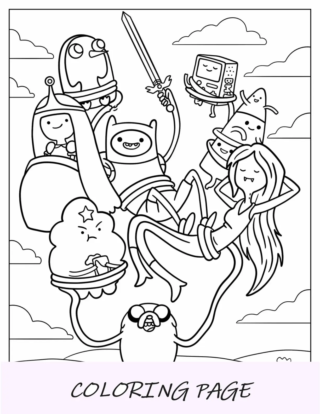 Página para colorear de Hora de Aventuras de Finn, Jake, la Dulce Princesa y Marceline