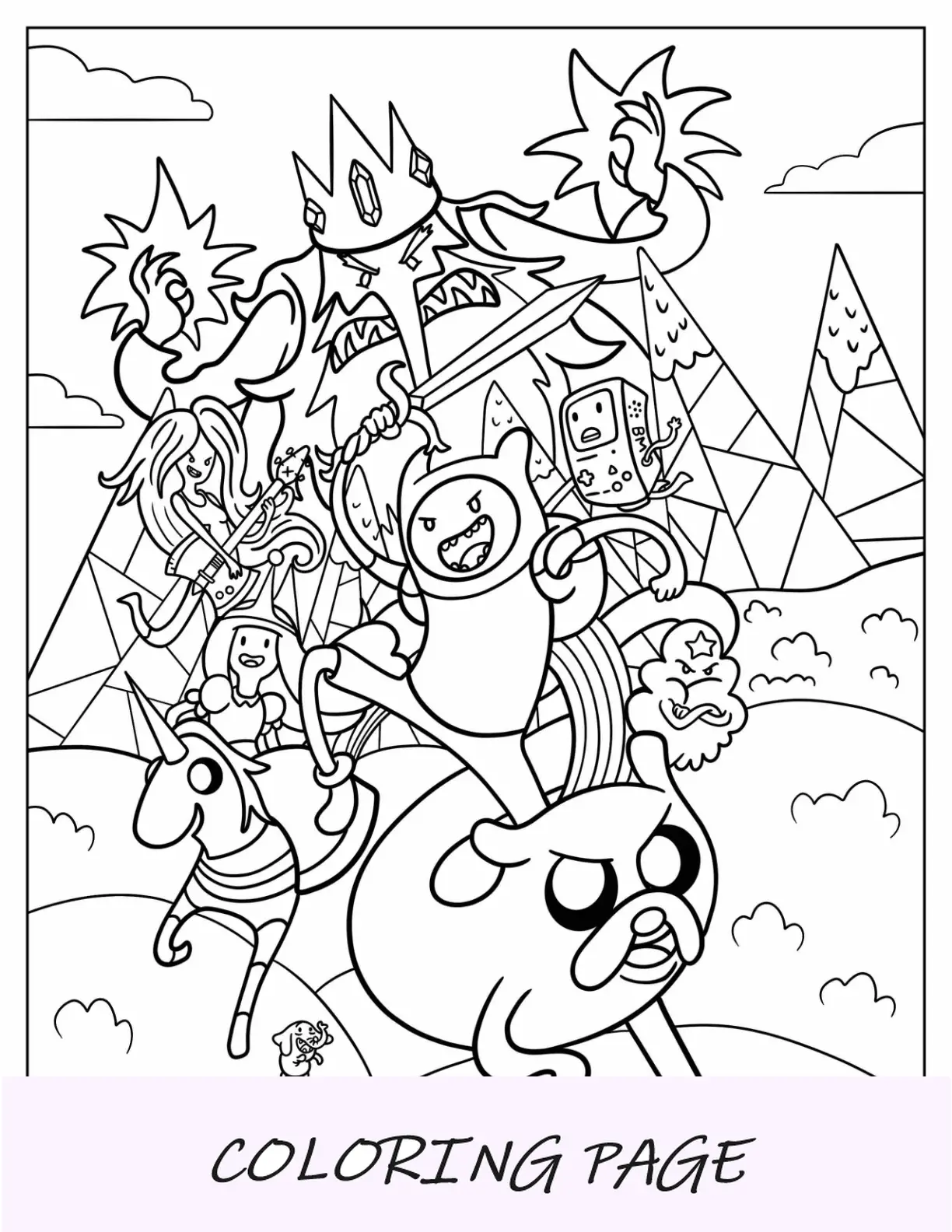 Página para colorear de Hora de aventuras de Finn, Jake, Rey Helado y Dulce Princesa Póster