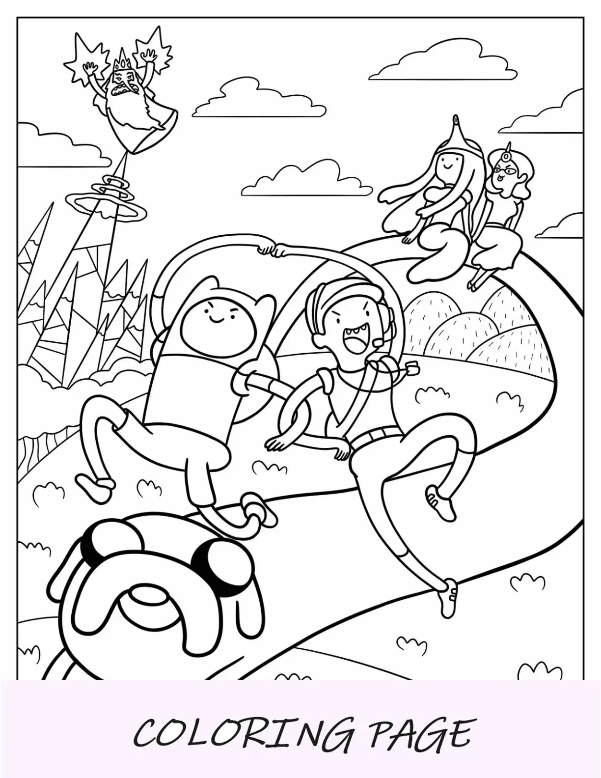 Página para colorear de Hora de aventuras de Finn y Jake huyendo