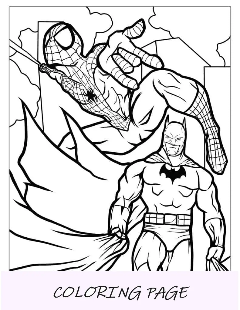 Hoja para colorear de Batman y Spider-Man