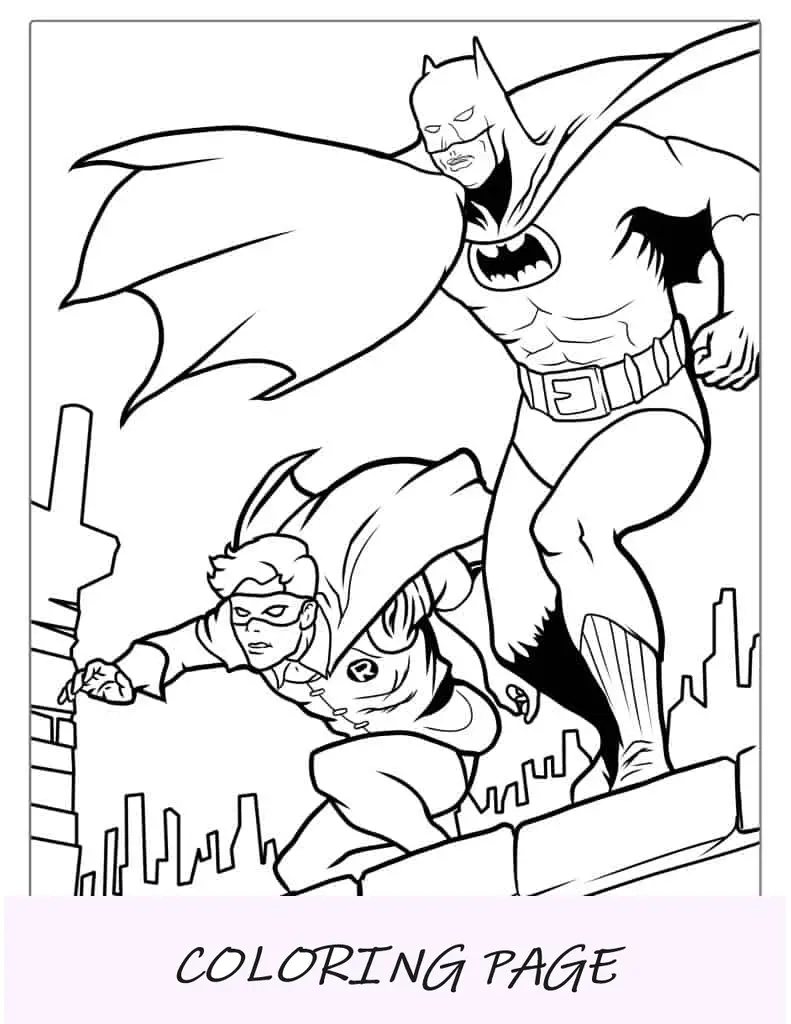 Hoja para colorear de Batman y Robin luchando contra el crimen