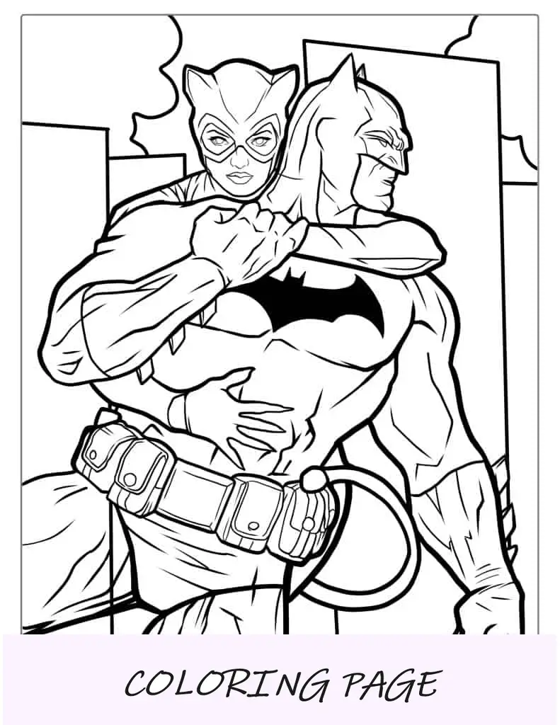 Hoja para colorear de Batman y Catwoman