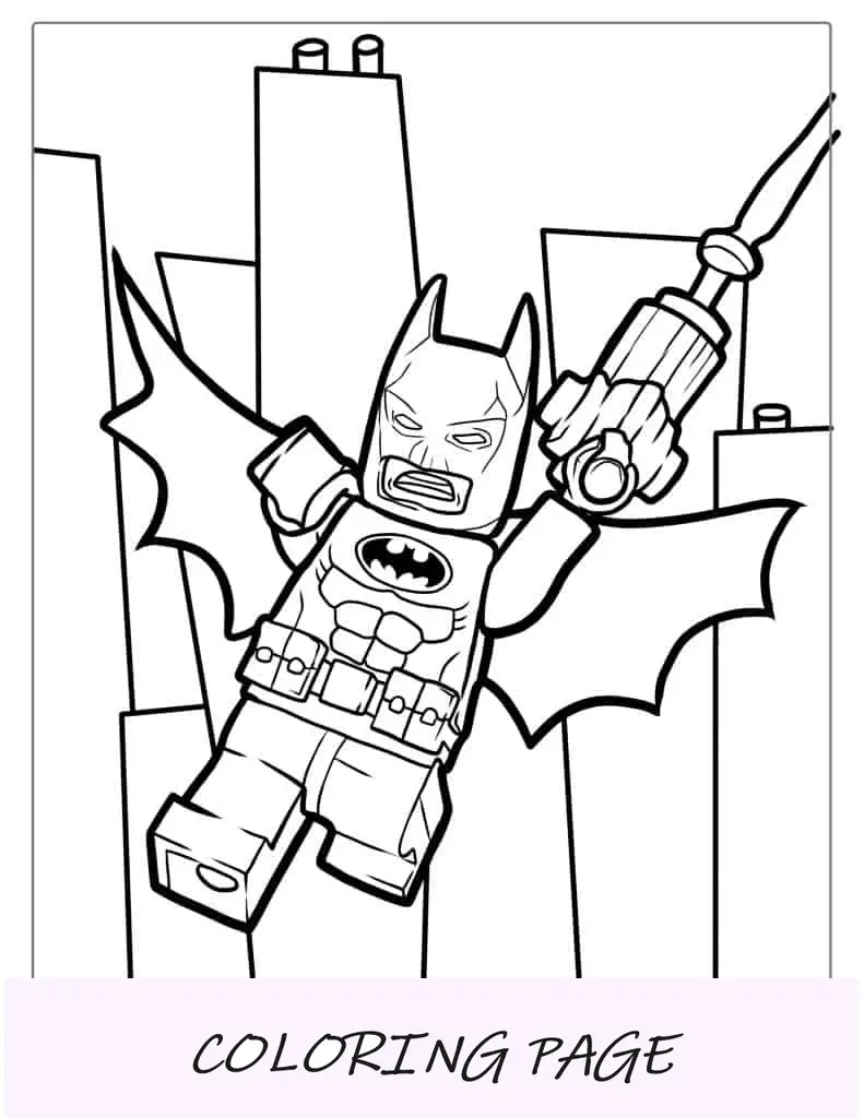 Lego Batman balanceándose desde el edificio