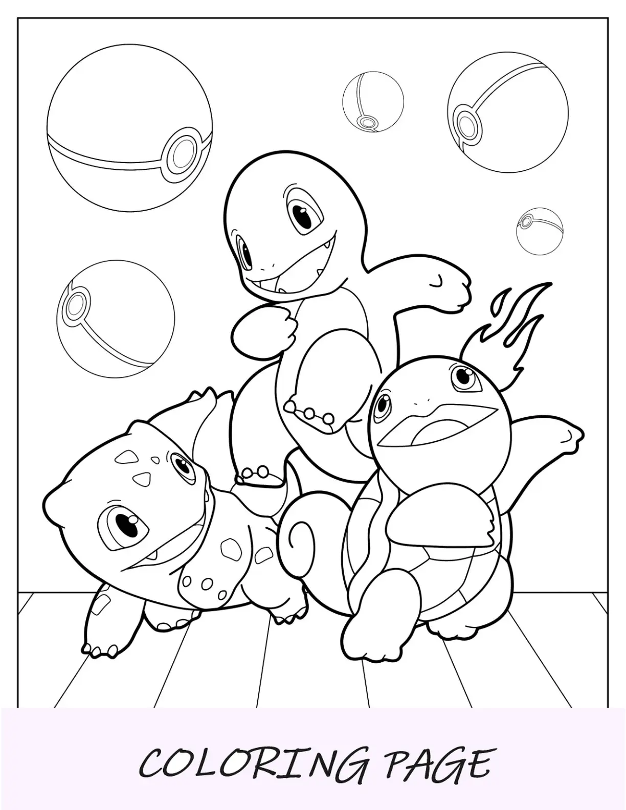 Pagina da colorare di Squirtle, Bulbasaur e Charmander che giocano insieme