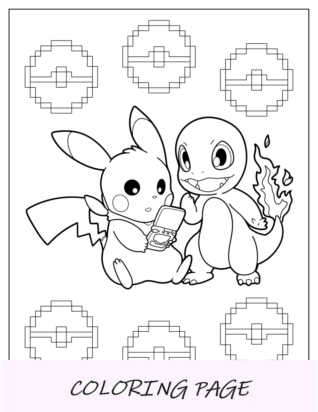 Kawaii Charmander da colorare e Pikachu che gioca al videogioco