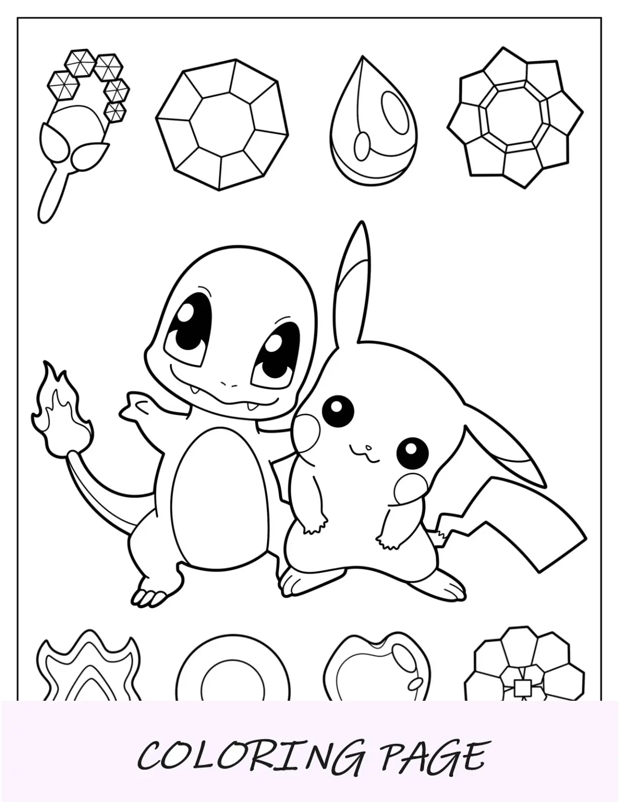 Pagina da colorare di Chibi Charmander con Pikachu