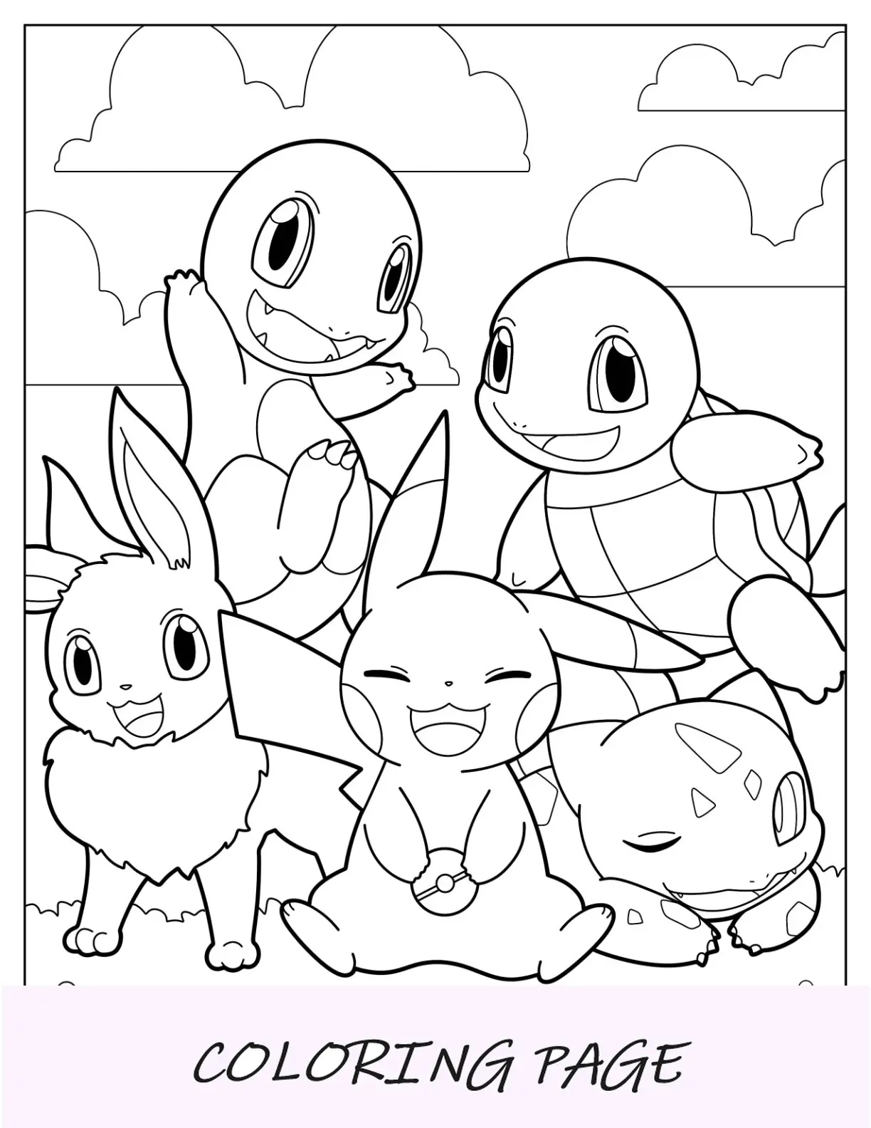 Charmander da colorare con Eevee, Pikachu, Squirtle e Bulbasaur