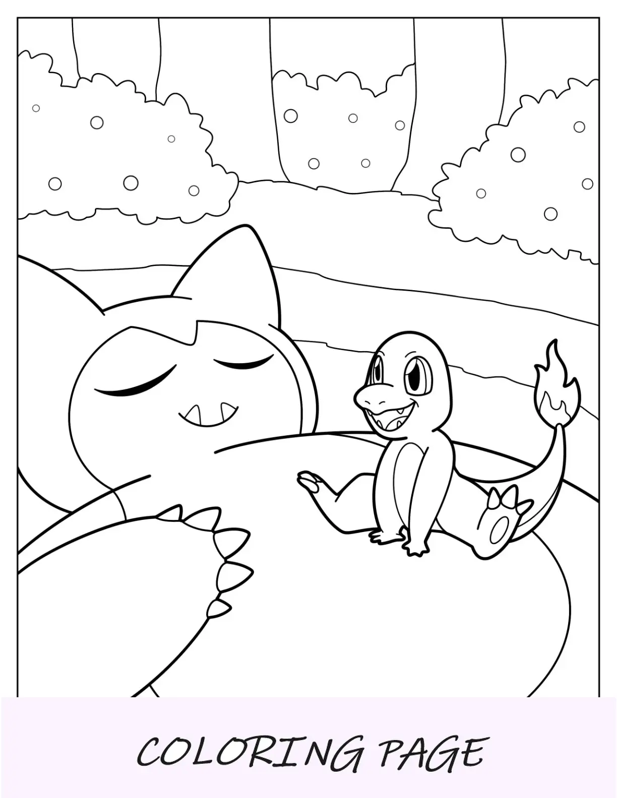 Pagina da colorare di Charmander seduto sopra Snorlax
