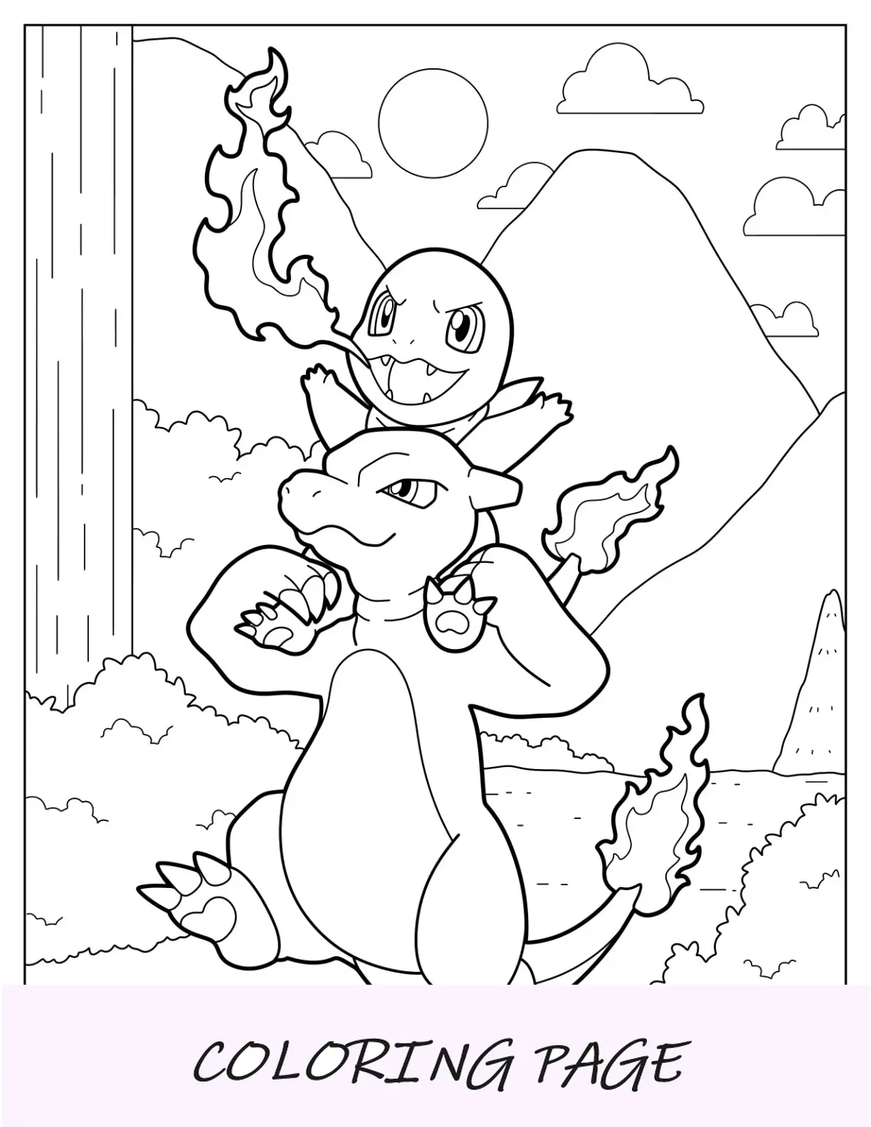 Pagina da colorare di Charmander seduto su Charmeleon