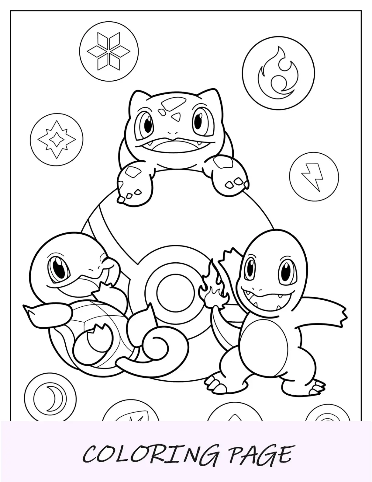 Simpatica pagina da colorare di Bulbasaur, Squirtle e Charmander su Pokeball