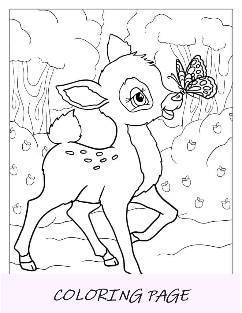 Pagina da colorare di un cervo che fa amicizia con una farfalla