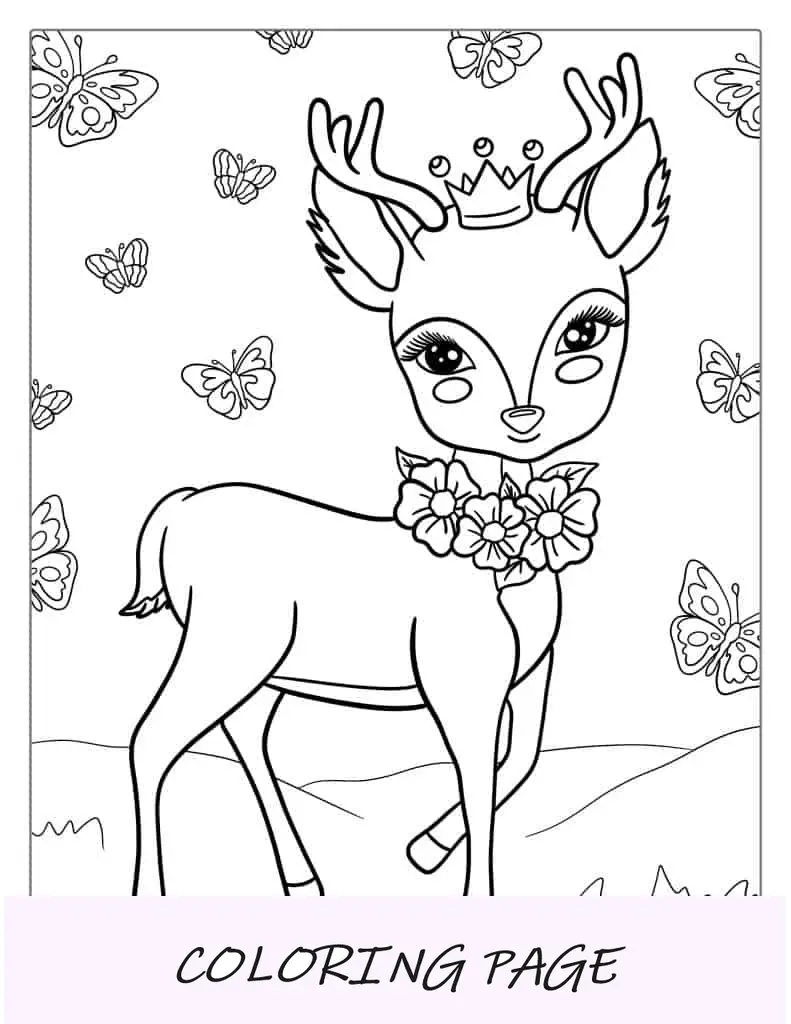 Pagina da colorare di un cervo a tema Kawaii che indossa una corona