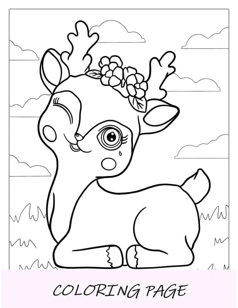 Pagina da colorare di adorabili cervi dei cartoni animati per bambini in età prescolare