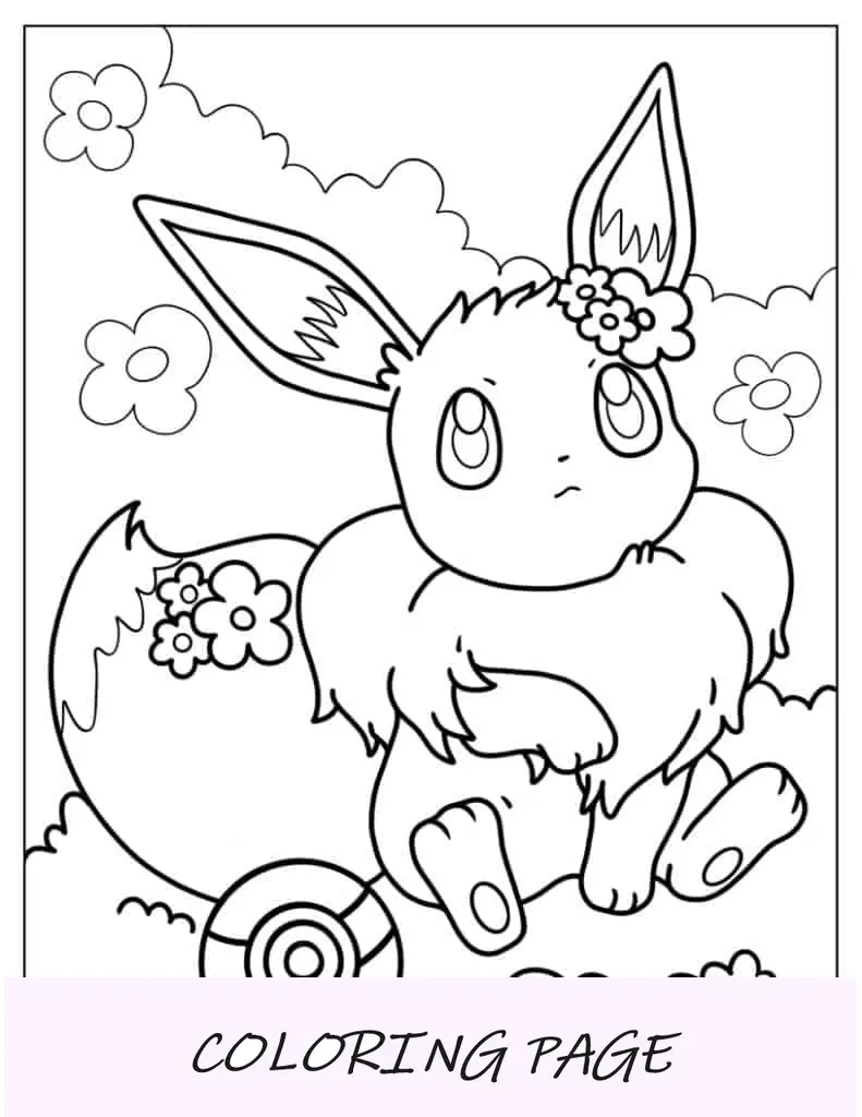 Folha para colorir do Eevee fofo com flores