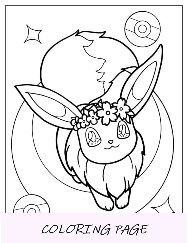 Folha para colorir fofa de Eevee com Pokébolas