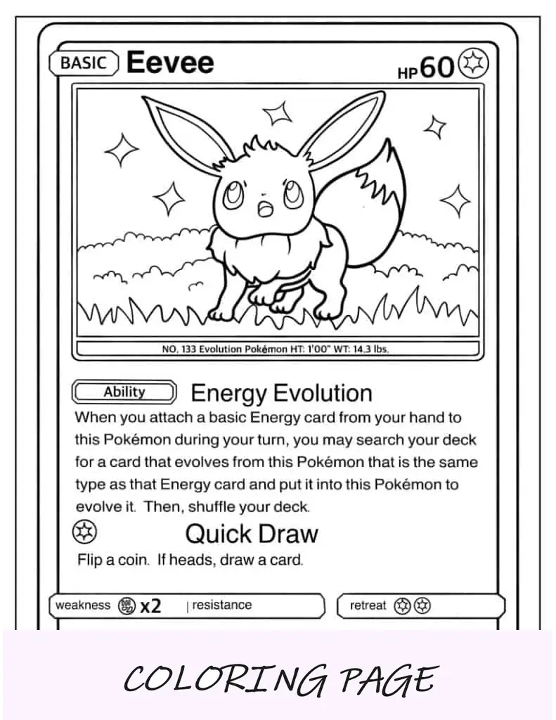 Carta de jogar Pokémon Eevee para colorir