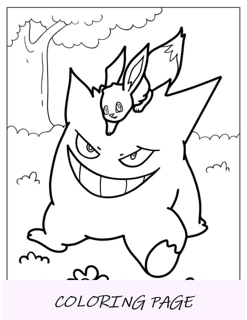 Página para colorir do pequeno Eevee brincando com Gengar