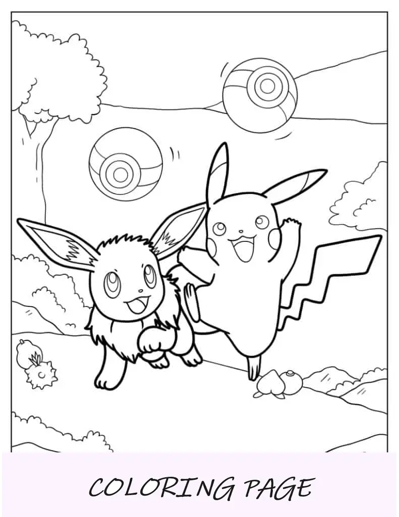 Folha para colorir de Eevee brincando com Pikachu