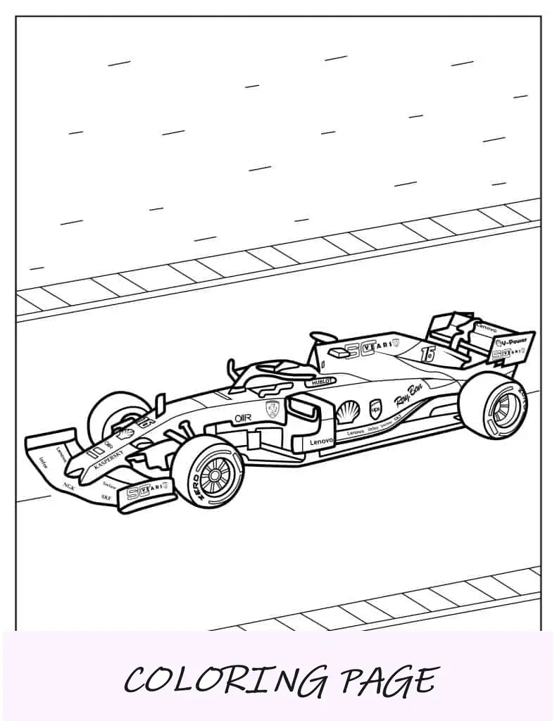 Folha para colorir de carro de corrida Ferrari F1 para crianças