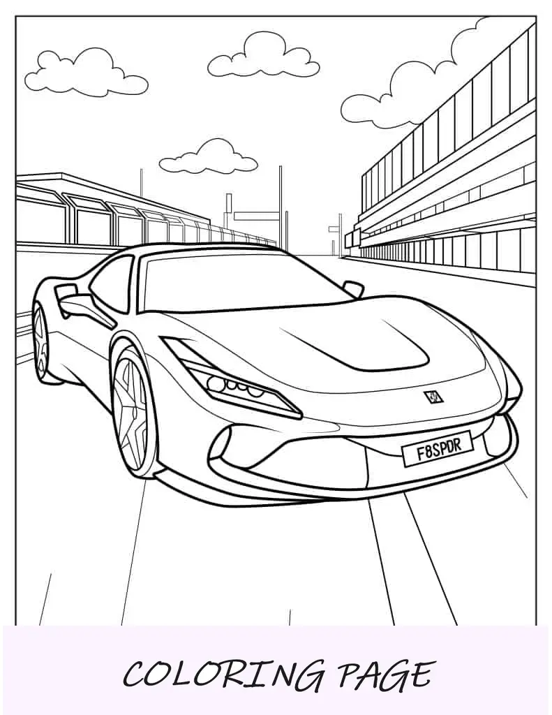 Folha para colorir de carro de corrida Ferrari F8 Spider