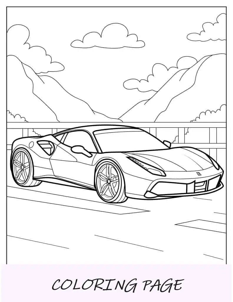 Ferrari GTO dirigindo pelas colinas para colorir