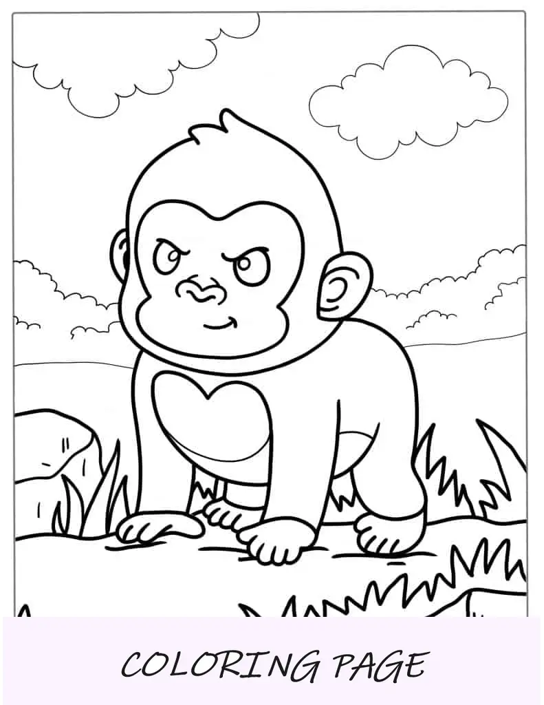Folha para colorir de gorila bebê de desenho animado para crianças