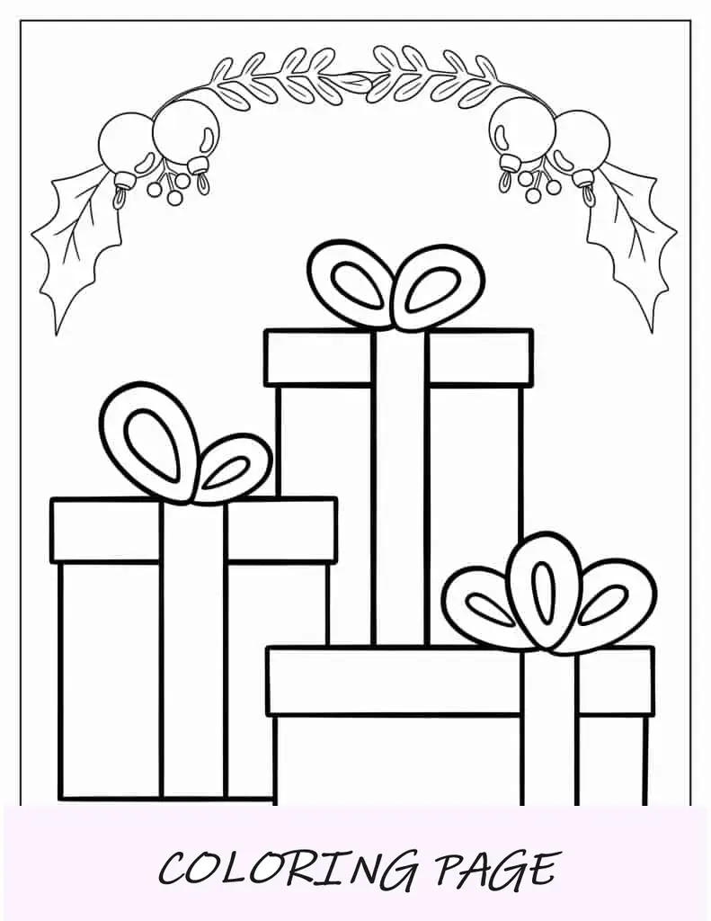 Página para colorear de regalos de Navidad fáciles para niños en edad preescolar
