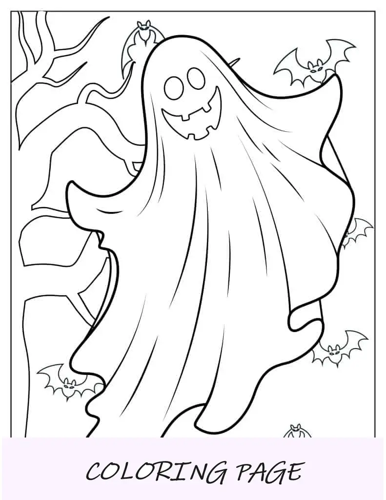 Hoja-para-colorear-fantasma-espeluznante-con-murciélagos