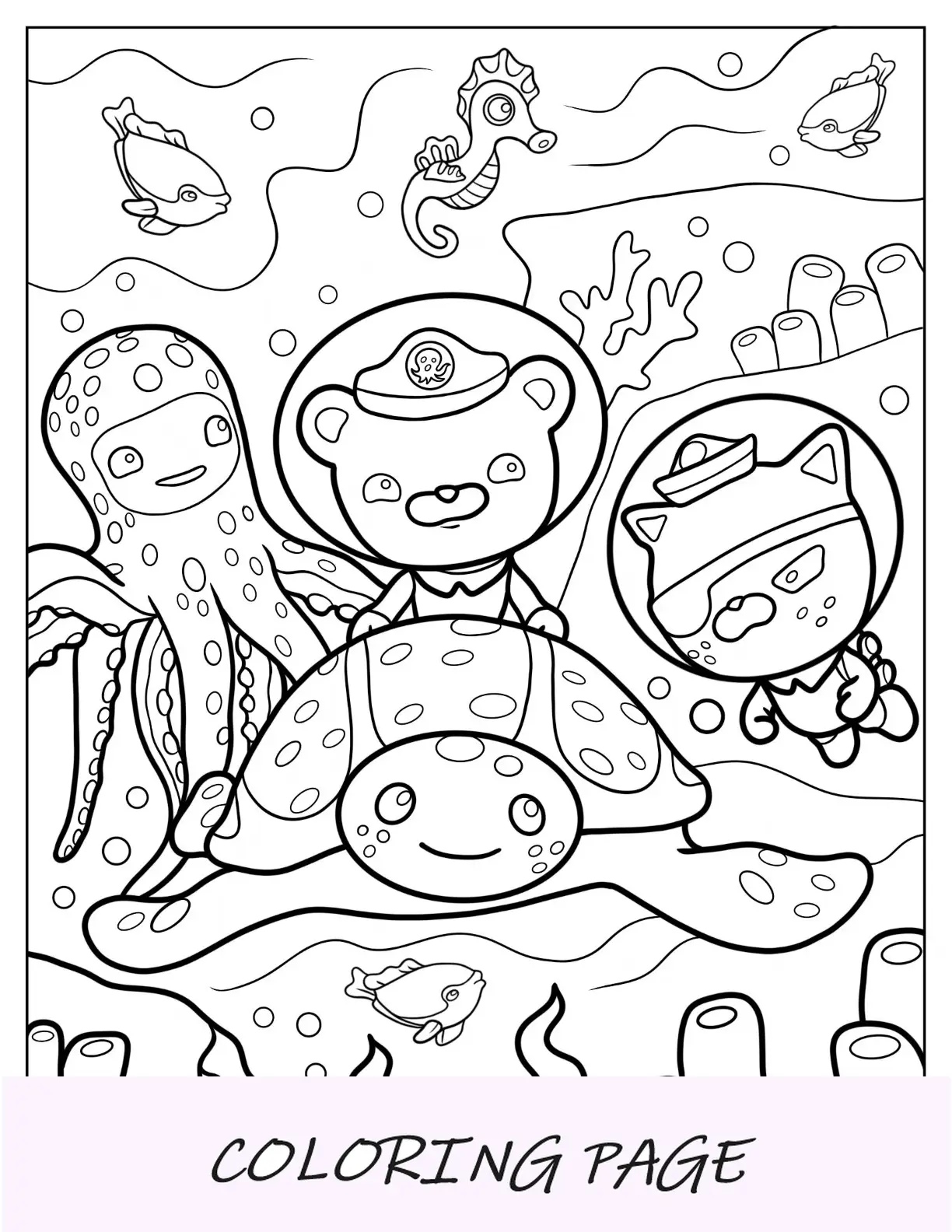 Página para colorir de Octonauts com Inkling segurando livro, lápis, transferidor e globo