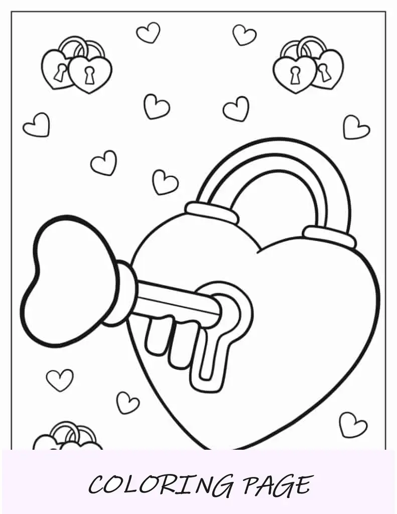 Cerradura en forma de corazón con llave para colorear