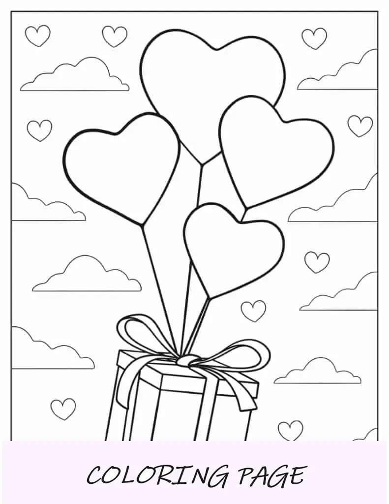 Página para colorear de globos de corazón atados a un regalo