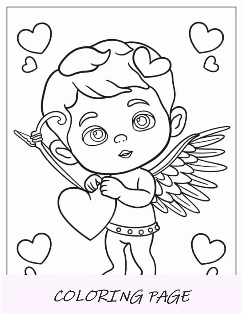 Hoja para colorear de Cupido sosteniendo un corazón