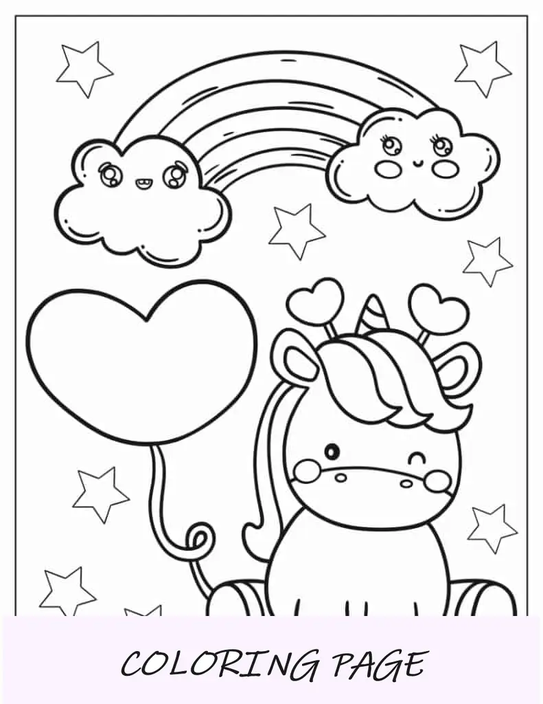 Página para colorear de unicornio guiñando un ojo con globo de corazón